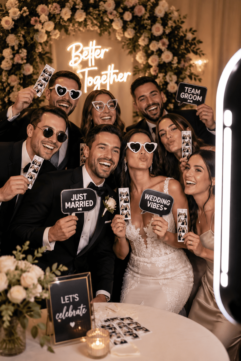 Wedding guests holding photo booth prints