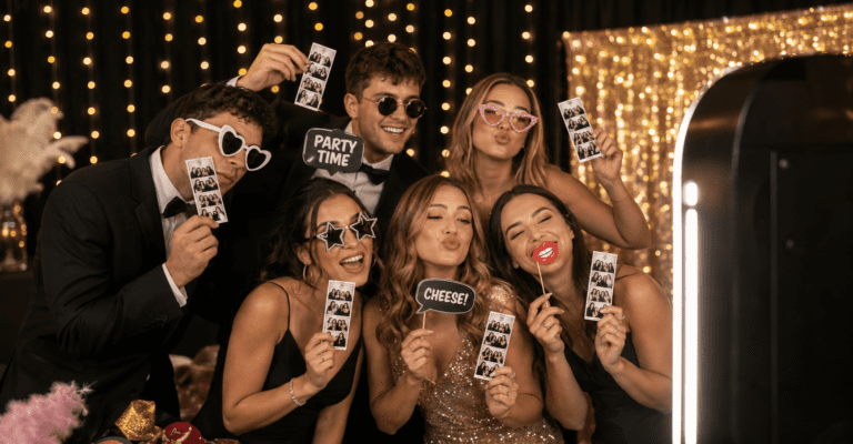 Guests using NJ Click photo booth at an event